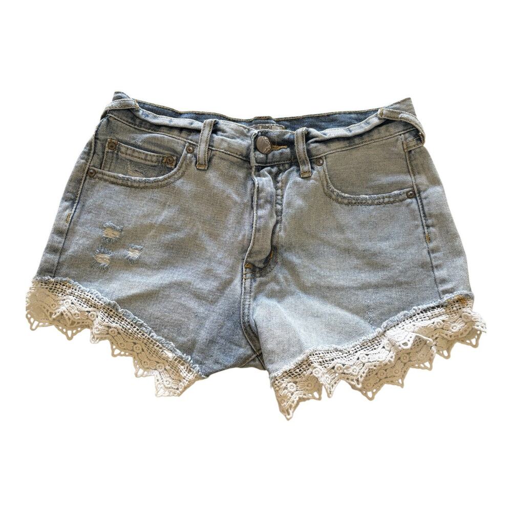 Free People Lace Hem Cutoff Light Wash Denim Shorts Size 24
